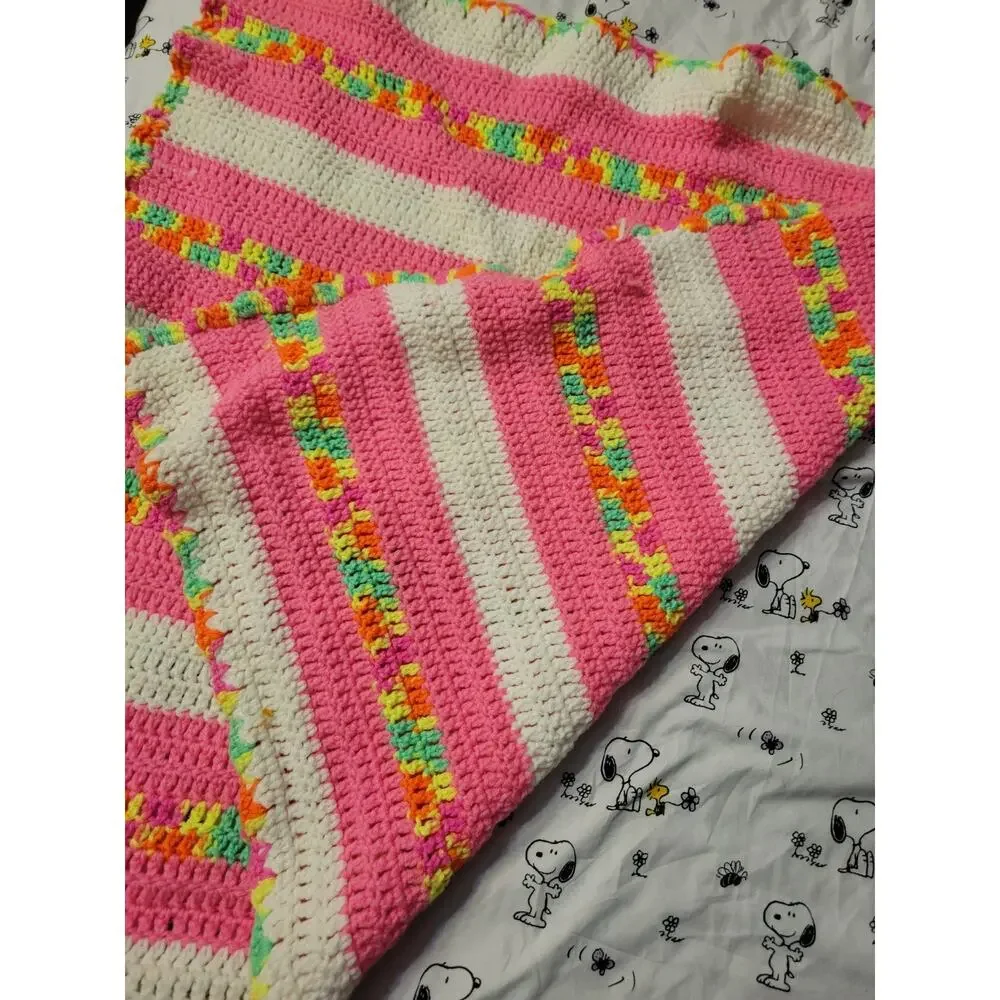 Vtg Hand-Crocheted Baby Crib Quilt Blanket Nursery Decor Swaddling Wrap Neon Pin